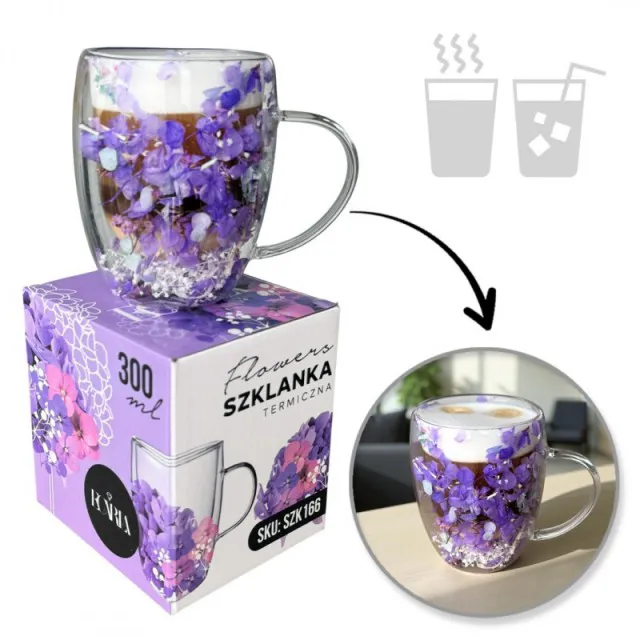 Termo kozarec s cvetjem v notranjosti – gipsofila in hortenzije, 300 ml